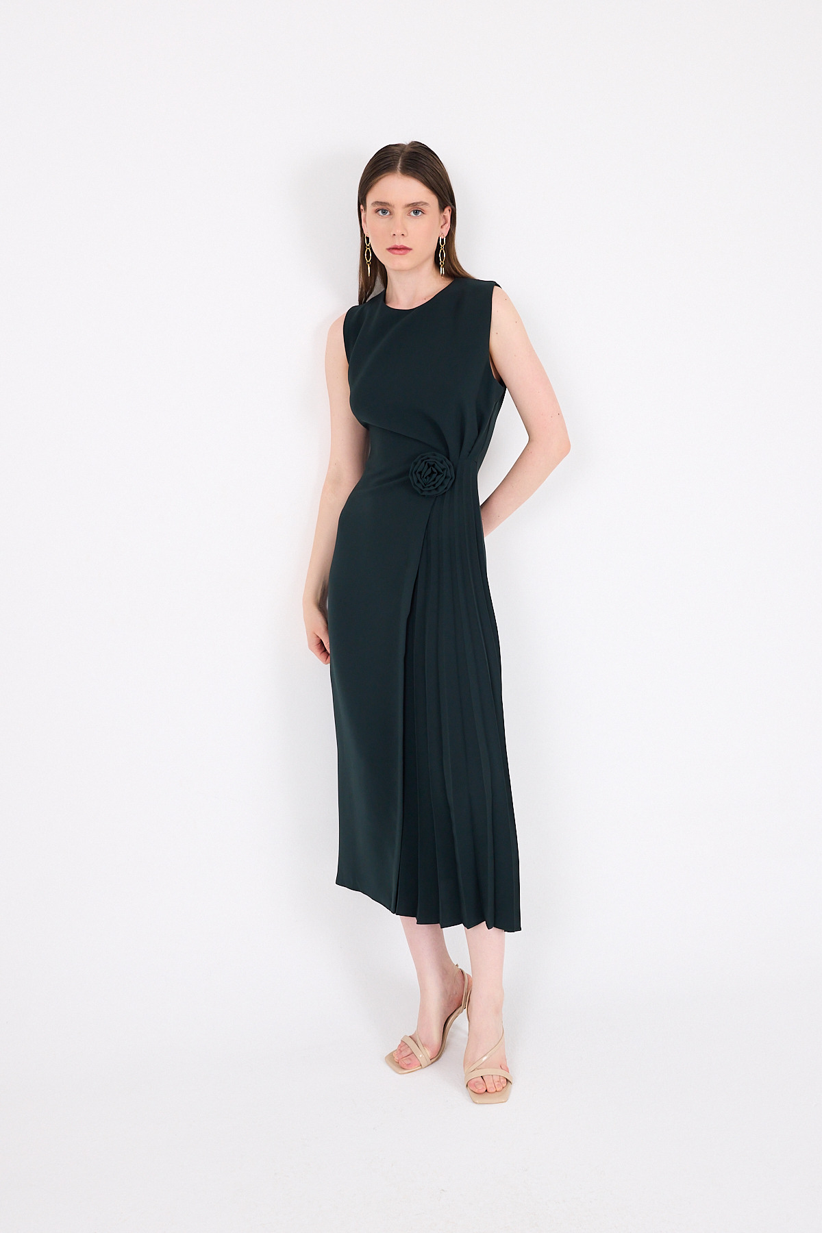 Zümrüt Çiçek Detaylı Pliseli Midi Abiye Elbise 251671 - 3