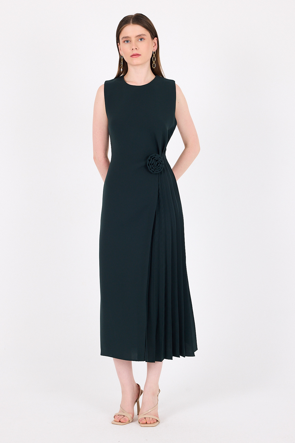 Zümrüt Çiçek Detaylı Pliseli Midi Abiye Elbise 251671 - 6