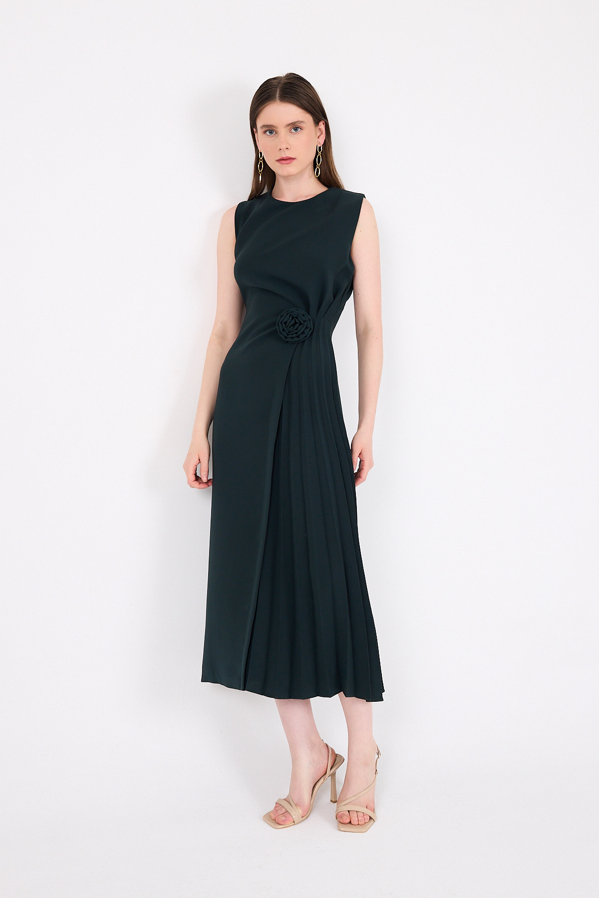 Zümrüt Çiçek Detaylı Pliseli Midi Abiye Elbise 251671 - 7