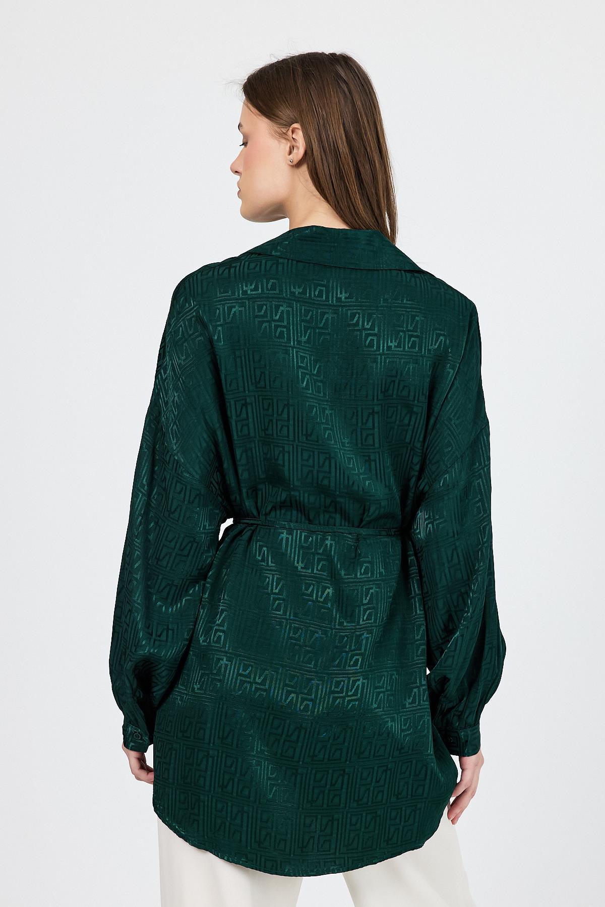 Zümrüt Desenli Saten Görünümlü İp Bağlama Detaylı Gömlek 4293A - 5