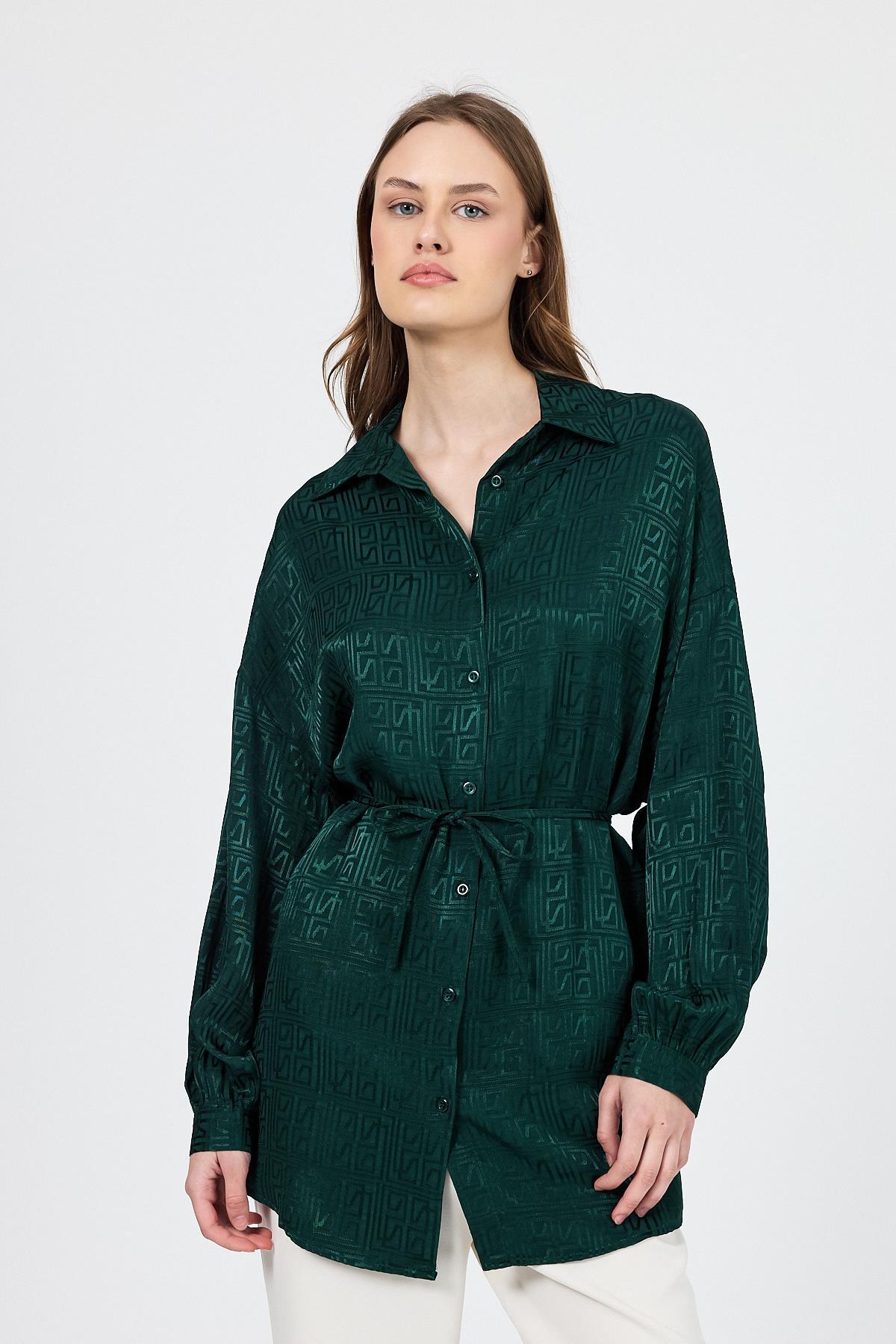 Zümrüt Desenli Saten Görünümlü İp Bağlama Detaylı Gömlek 4293A - 1