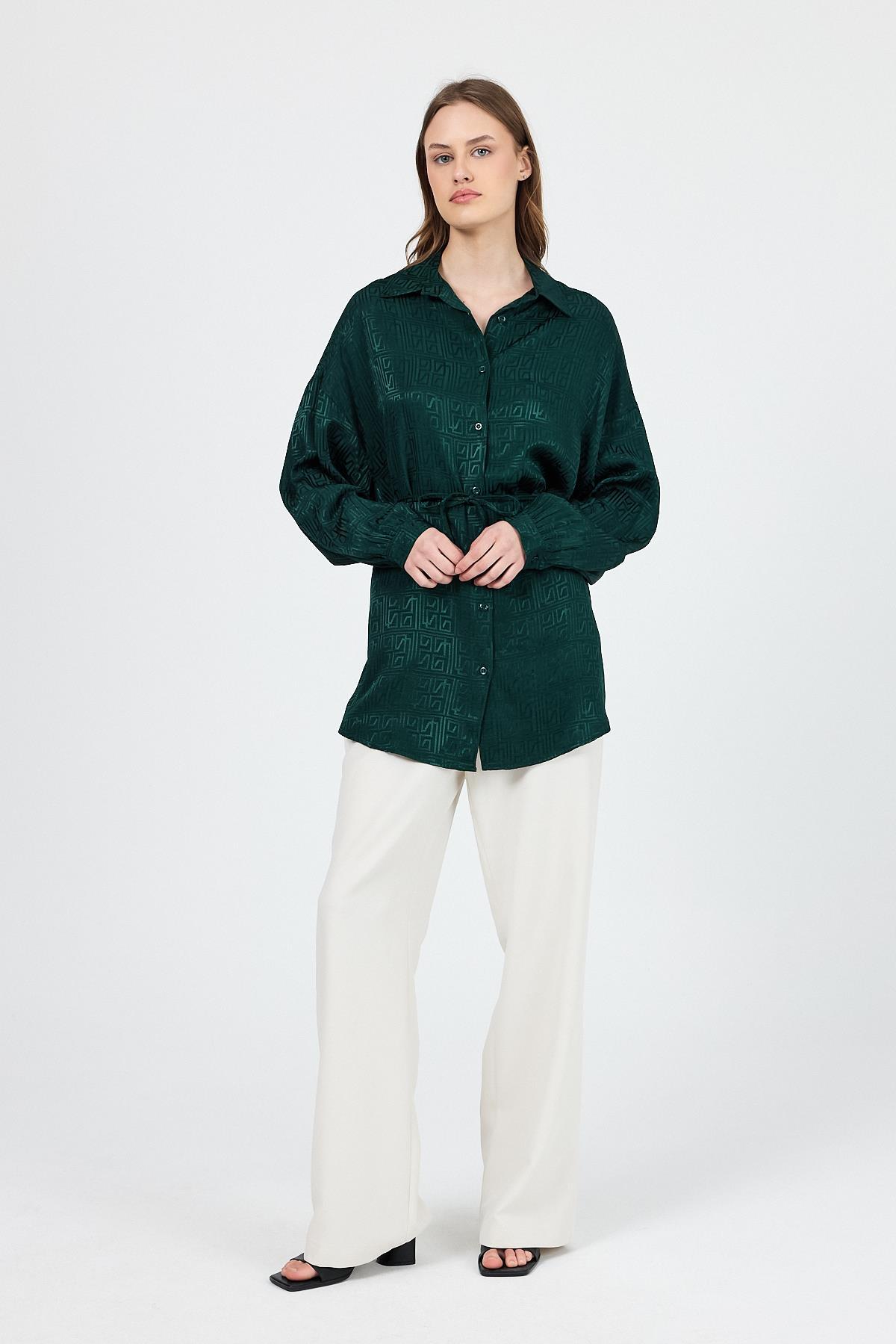 Zümrüt Desenli Saten Görünümlü İp Bağlama Detaylı Gömlek 4293A - 2