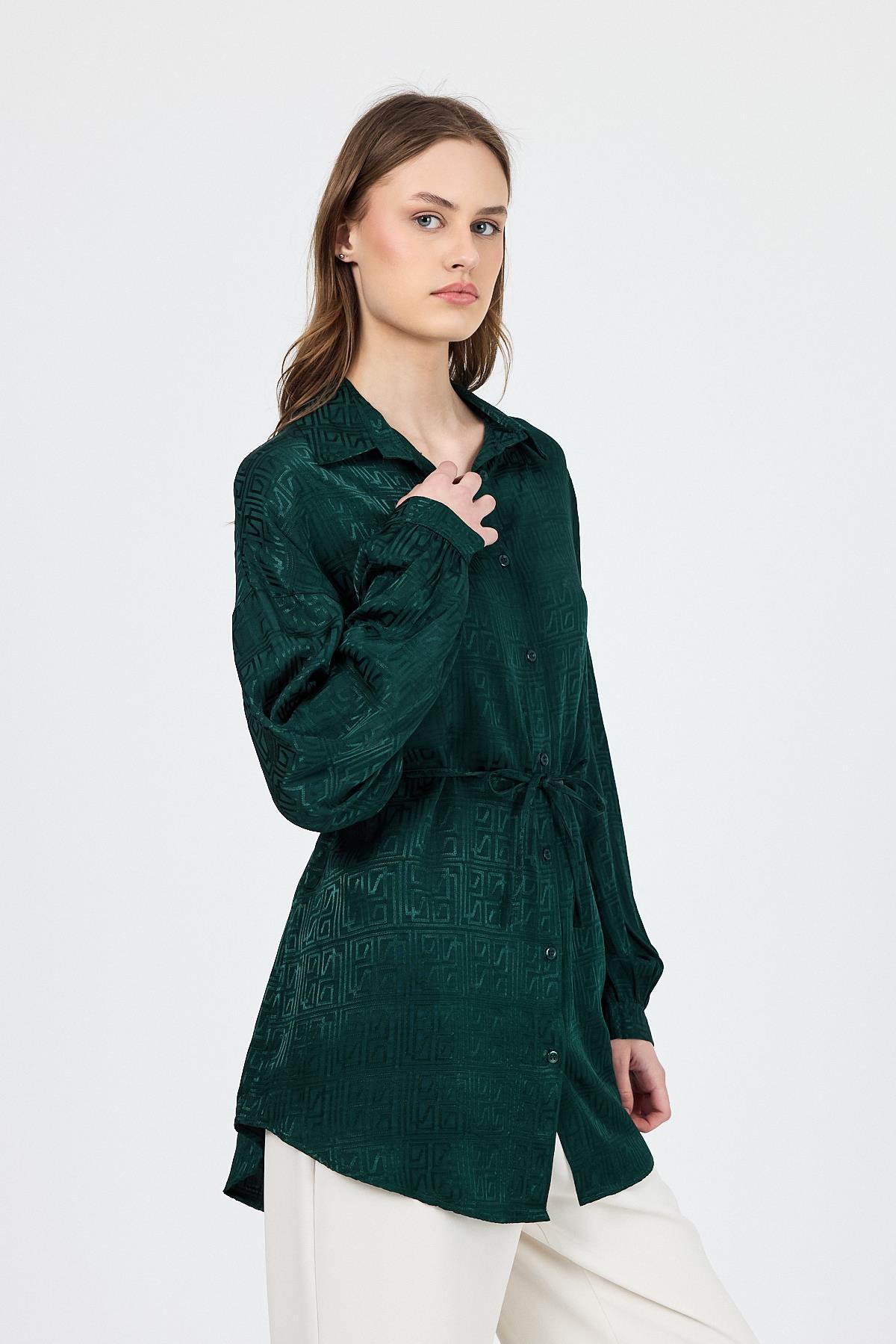 Zümrüt Desenli Saten Görünümlü İp Bağlama Detaylı Gömlek 4293A - 3