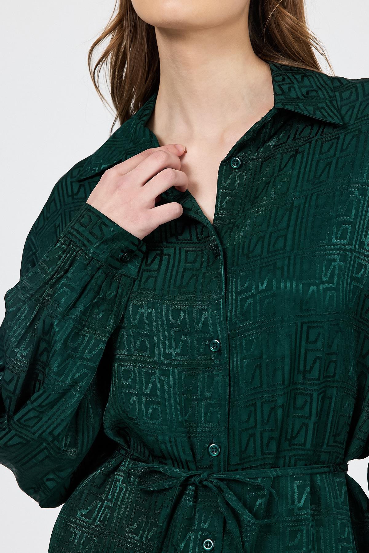 Zümrüt Desenli Saten Görünümlü İp Bağlama Detaylı Gömlek 4293A - 6